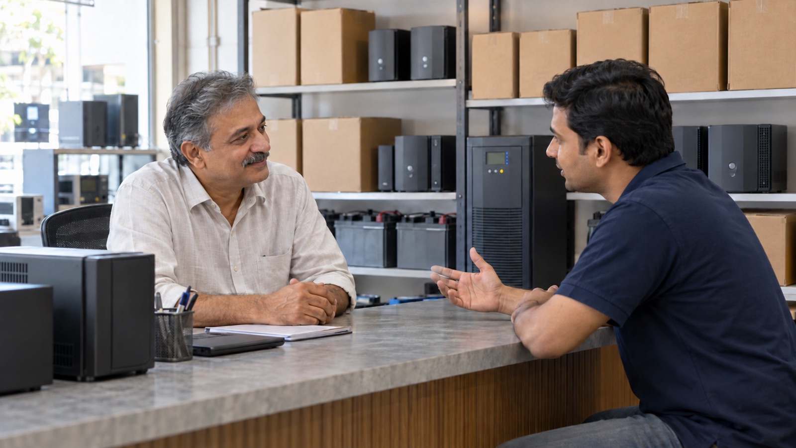A Numax representative with an electronics dealer at his counter